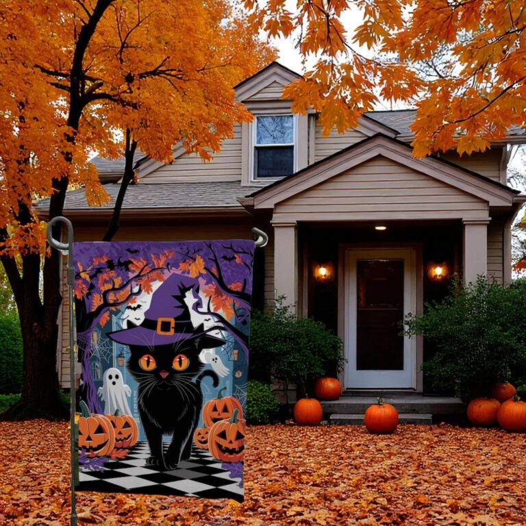 Black Cat Witch Flag for Halloween Garden Decor
