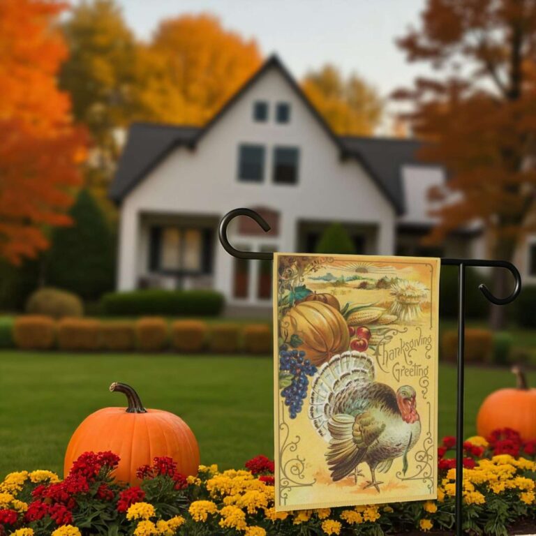 Thanksgiving Garden Flag with Vintage Turkey and Pumpkins Decor