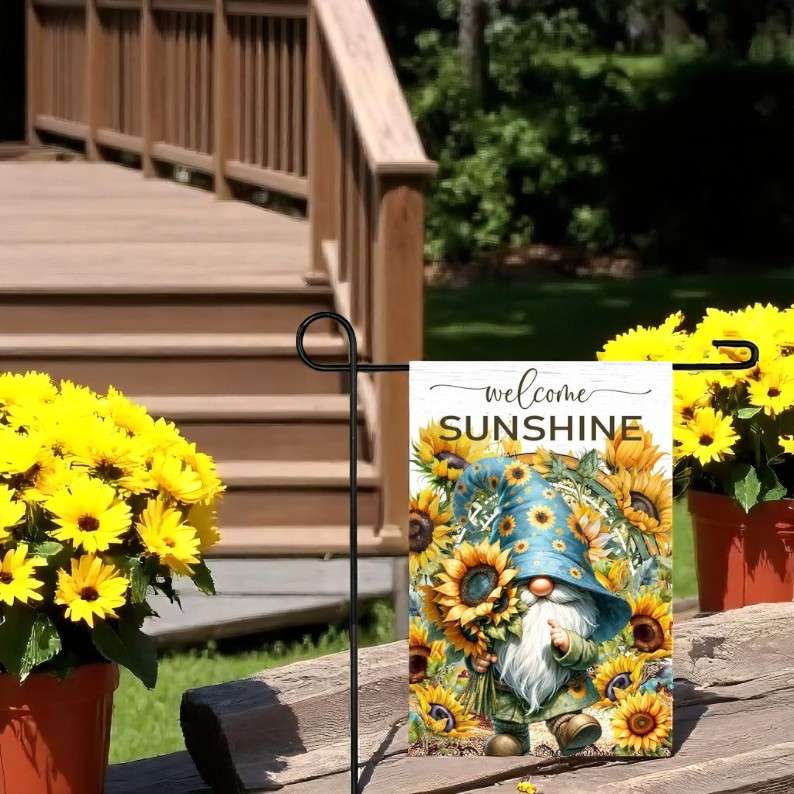 Welcome Sunshine Garden Flag, Sunflower Gnome Decor