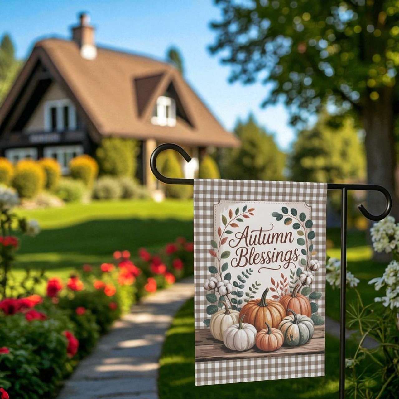 Autumn Blessings Garden Flag, Neutral Gingham Fall Porch Decor