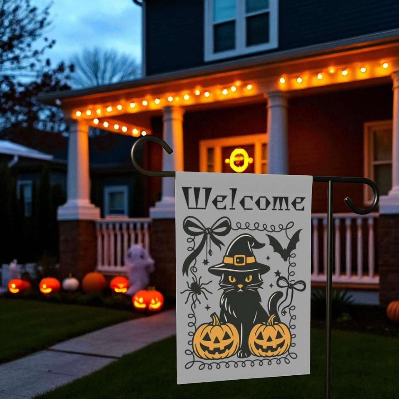 Black Cat Garden Flag, Witchy Halloween Porch Sign