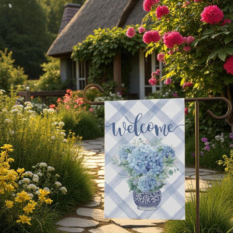 Blue Hydrangea Welcome Flag, Spring Garden Flag