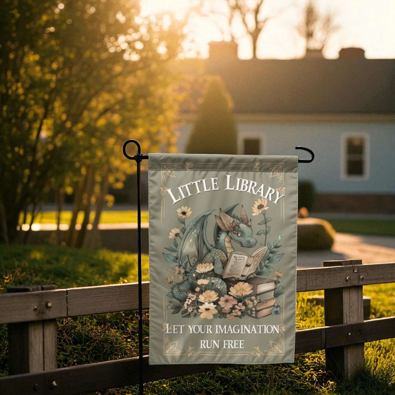 Custom Dragon Library Flag, Fantasy Garden Sign for Book Sharing