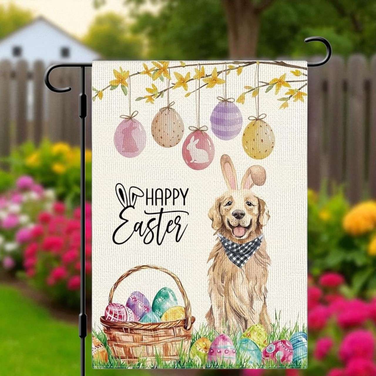 Easter Dog Garden Flag, Golden Retriever Bunny Outdoor Decor