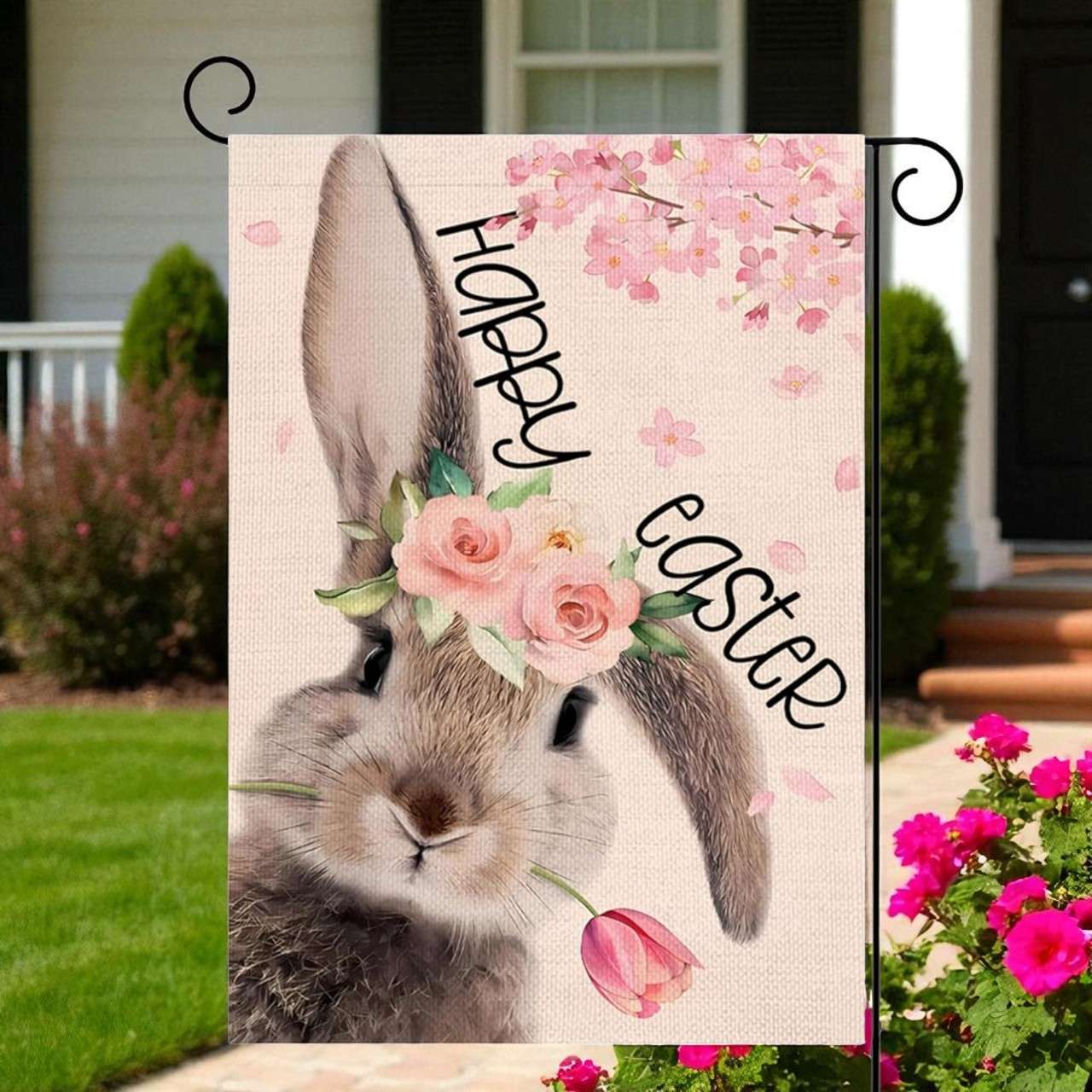 Easter Garden Flag, Rabbit Floral Outdoor Spring Yard Decoration