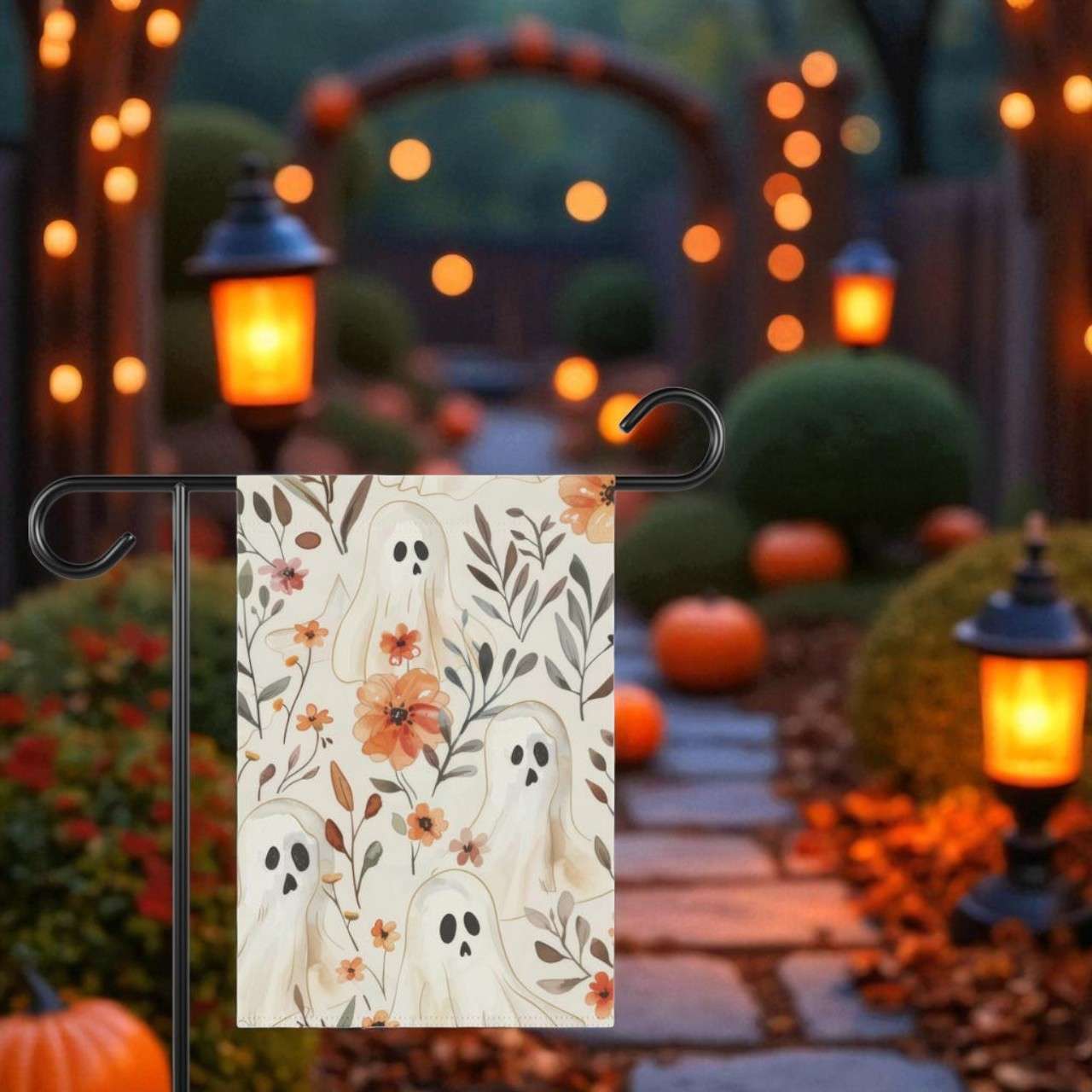 Close-up of the Fall Garden Flag, Halloween Ghost Outdoor Decor showing durable, weather-resistant polyester material and detailed ghost illustration