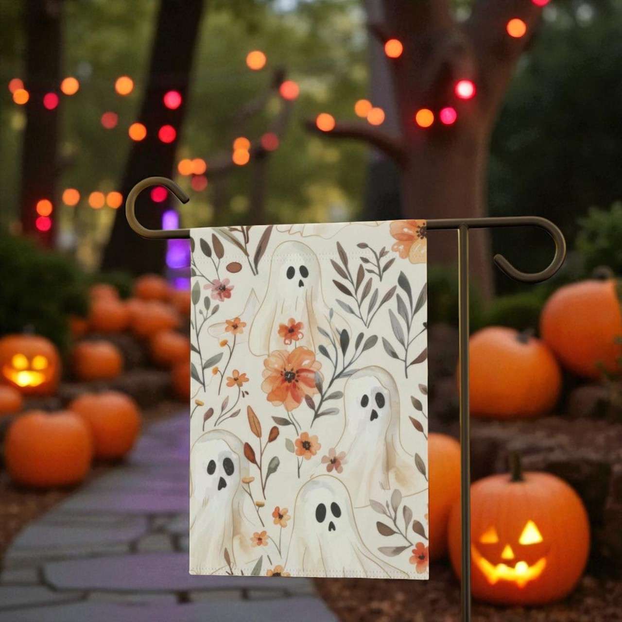 Fall Garden Flag, Halloween Ghost Outdoor Decor displayed on a traditional garden flag pole amidst a decorated autumn yard setting