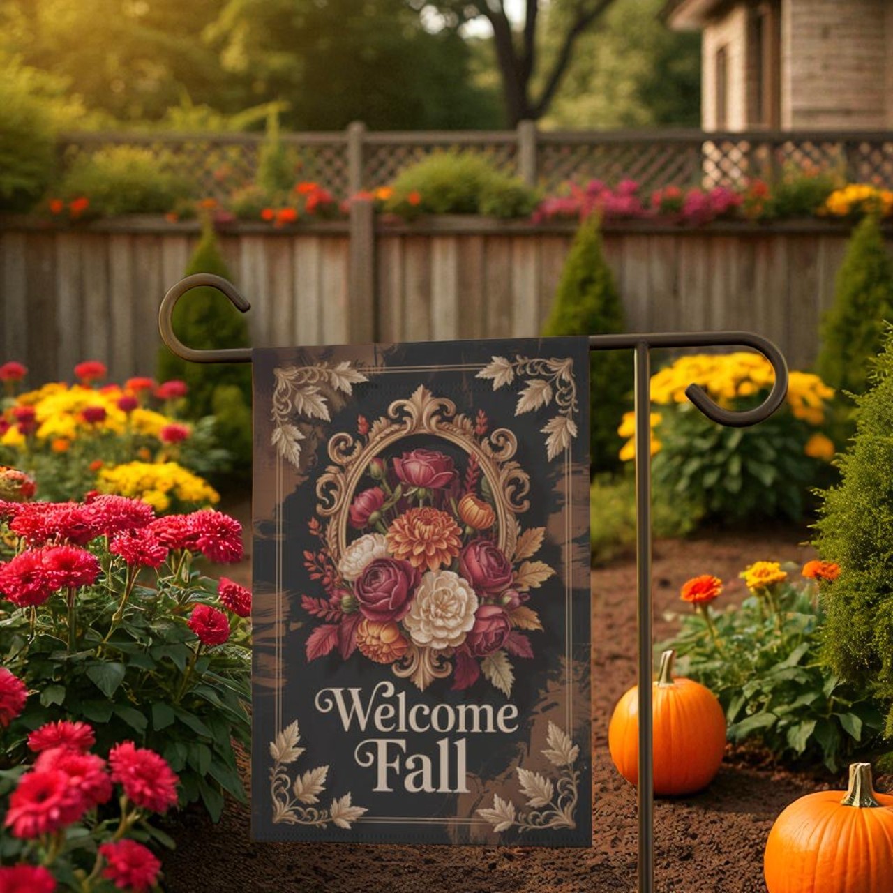 Close-up of Fall Garden Flag showing intricate vintage autumn artwork with pumpkins and leaves, highlighting cottagecore style and warm seasonal colors