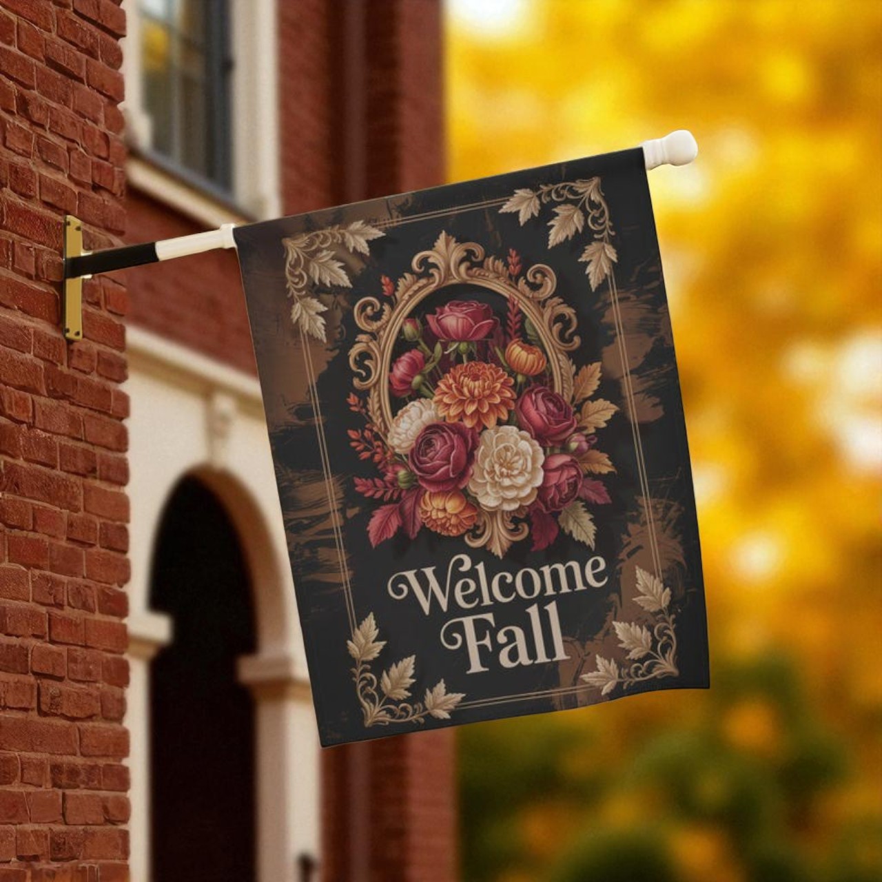 Fall Garden Flag hanging on a sturdy outdoor pole in a garden setting, illustrating weather resistance and vibrant color retention in autumn
