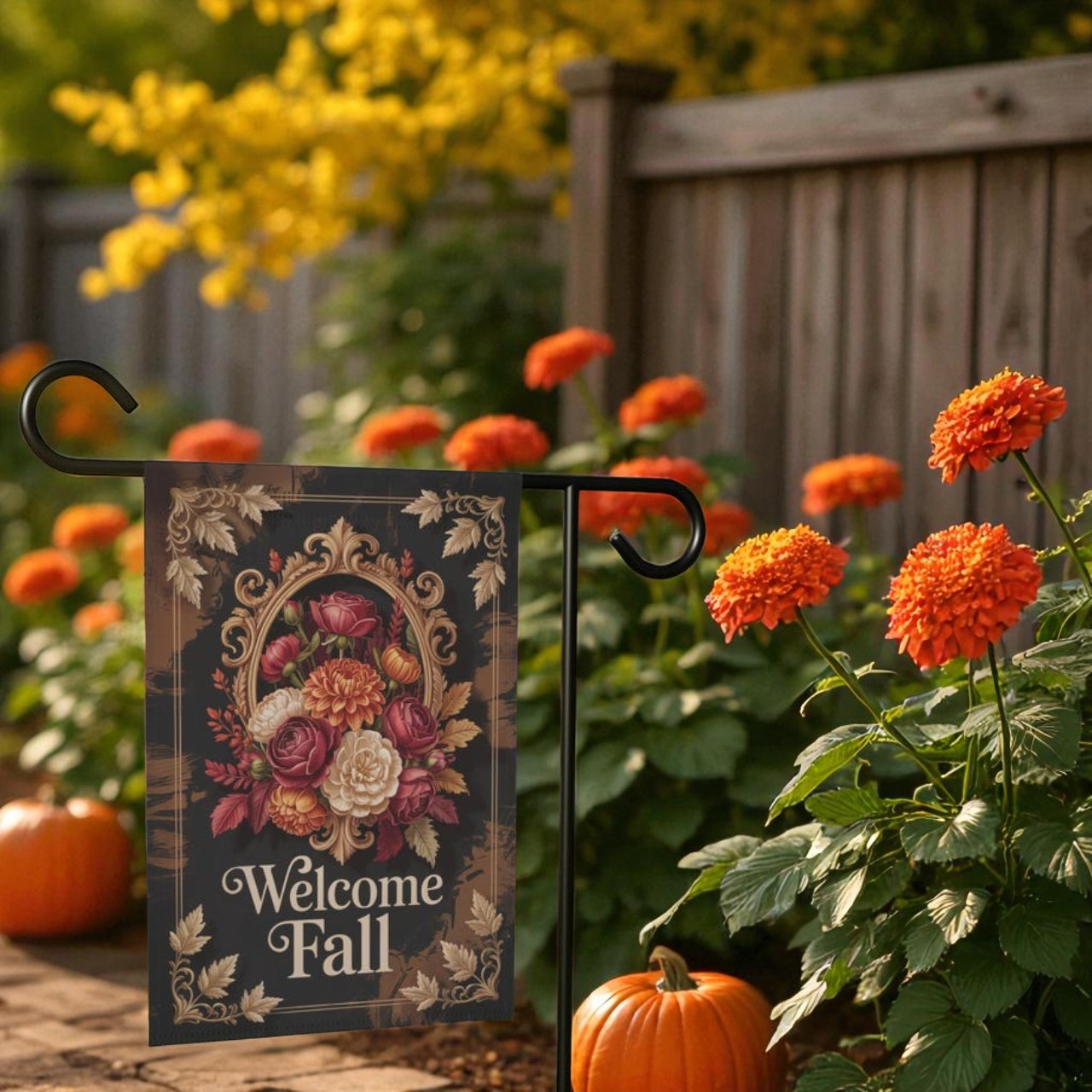 Fall Garden Flag displayed by a cozy front porch seating area, showing versatility for multiple outdoor decor spots during autumn
