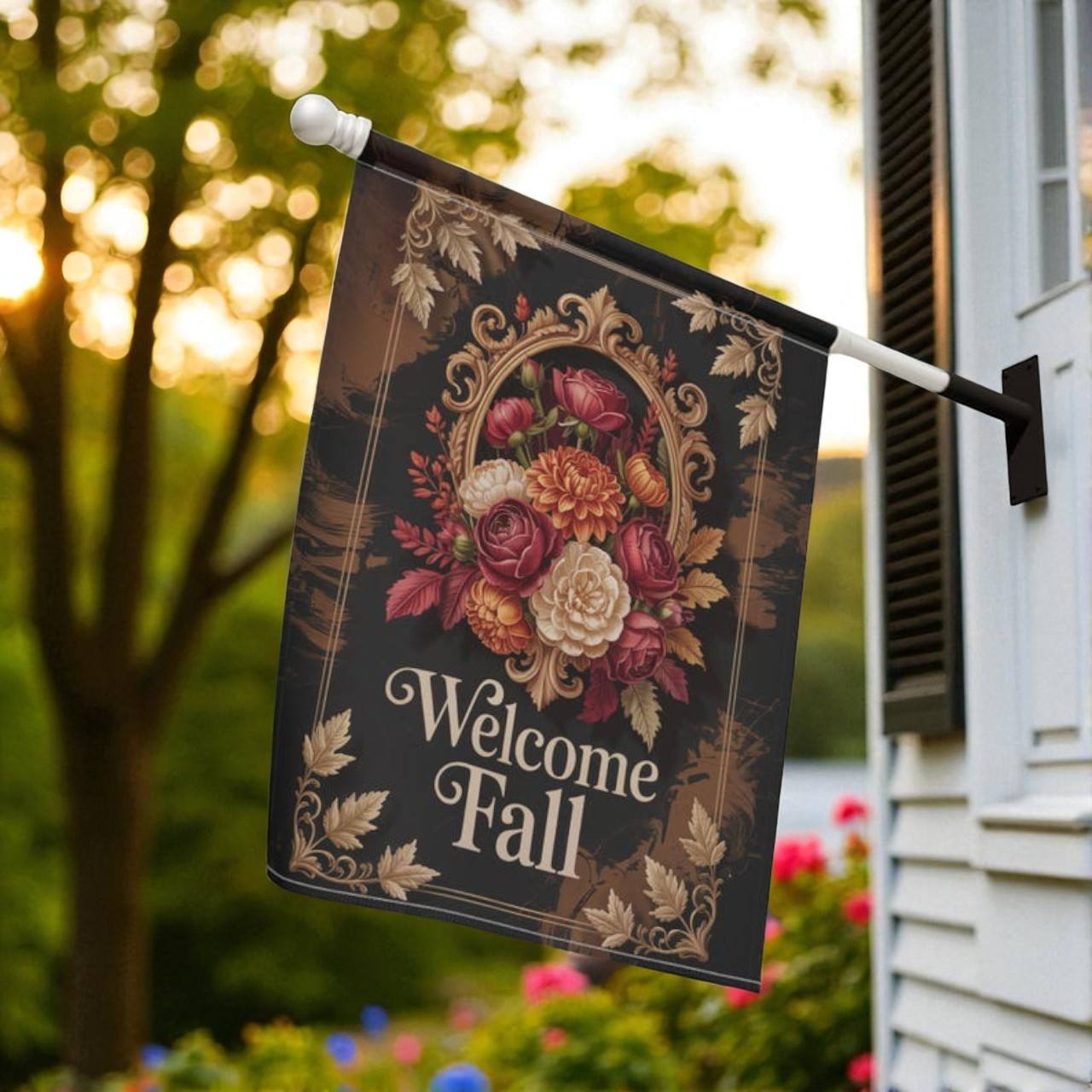 Close-up of fabric texture of Fall Garden Flag, showcasing eco-friendly materials and high-quality craftsmanship for sustainable autumn decor