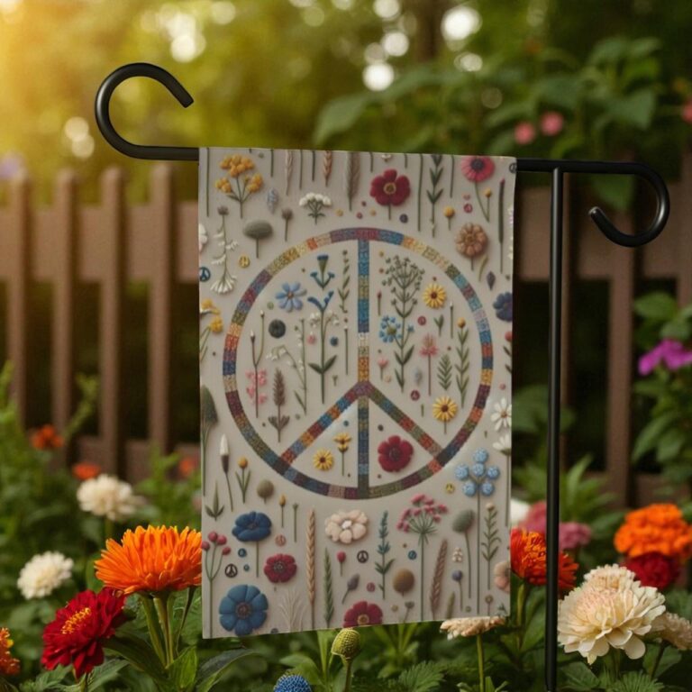 Floral Peace Sign Garden Flag, Boho Outdoor Decor