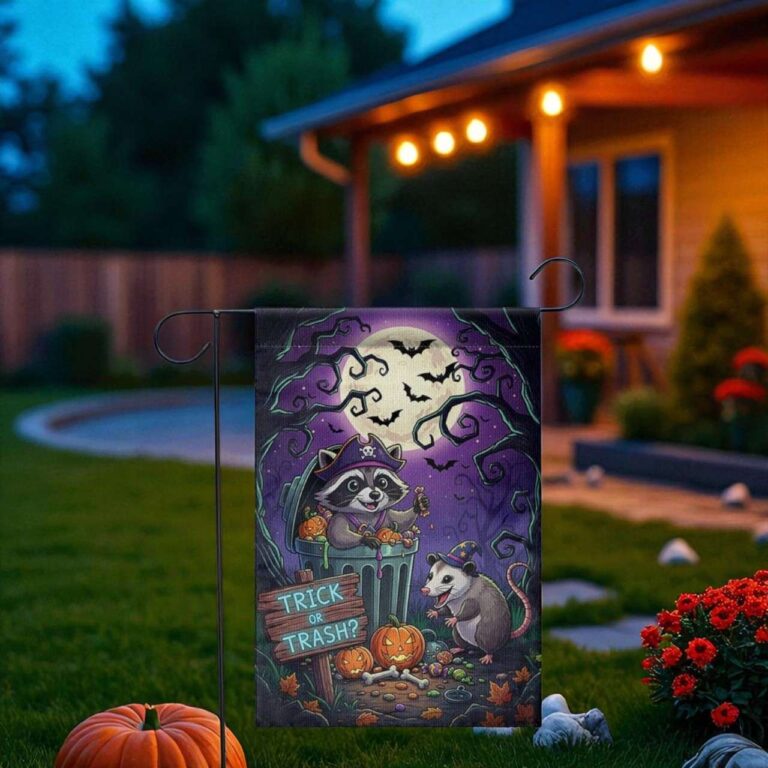 Funny Halloween Garden Flag with Raccoon and Opossum