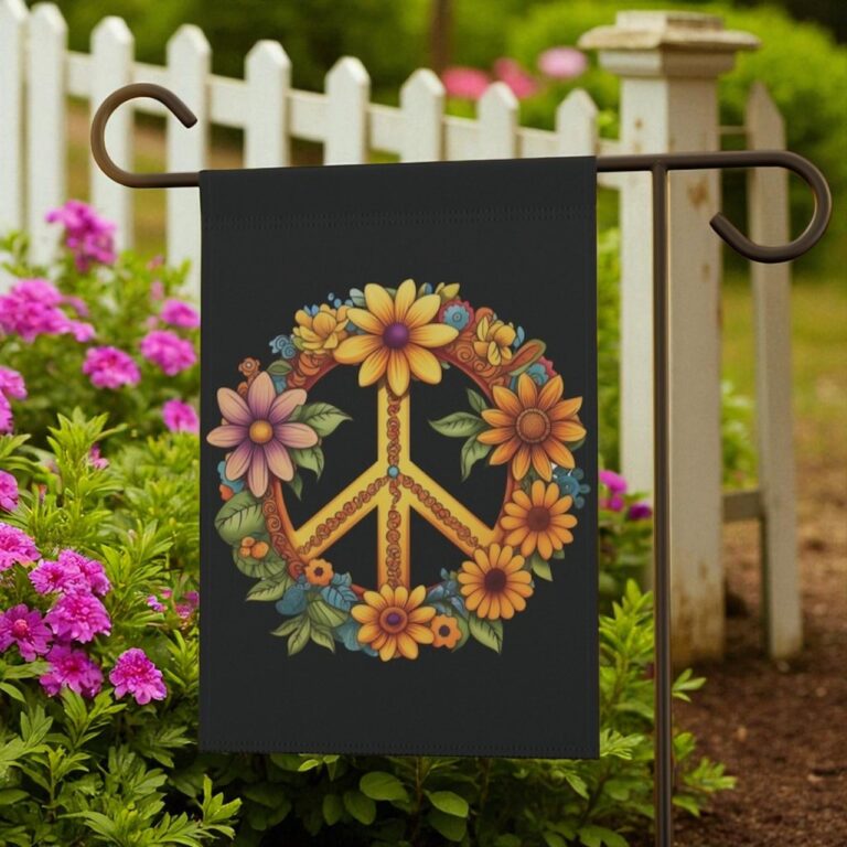 Hippie Garden Flag, Floral Peace Sign Decor