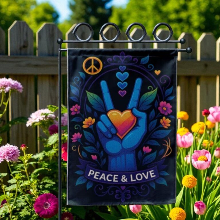 Hippie Garden Flag, Neon Floral V Sign
