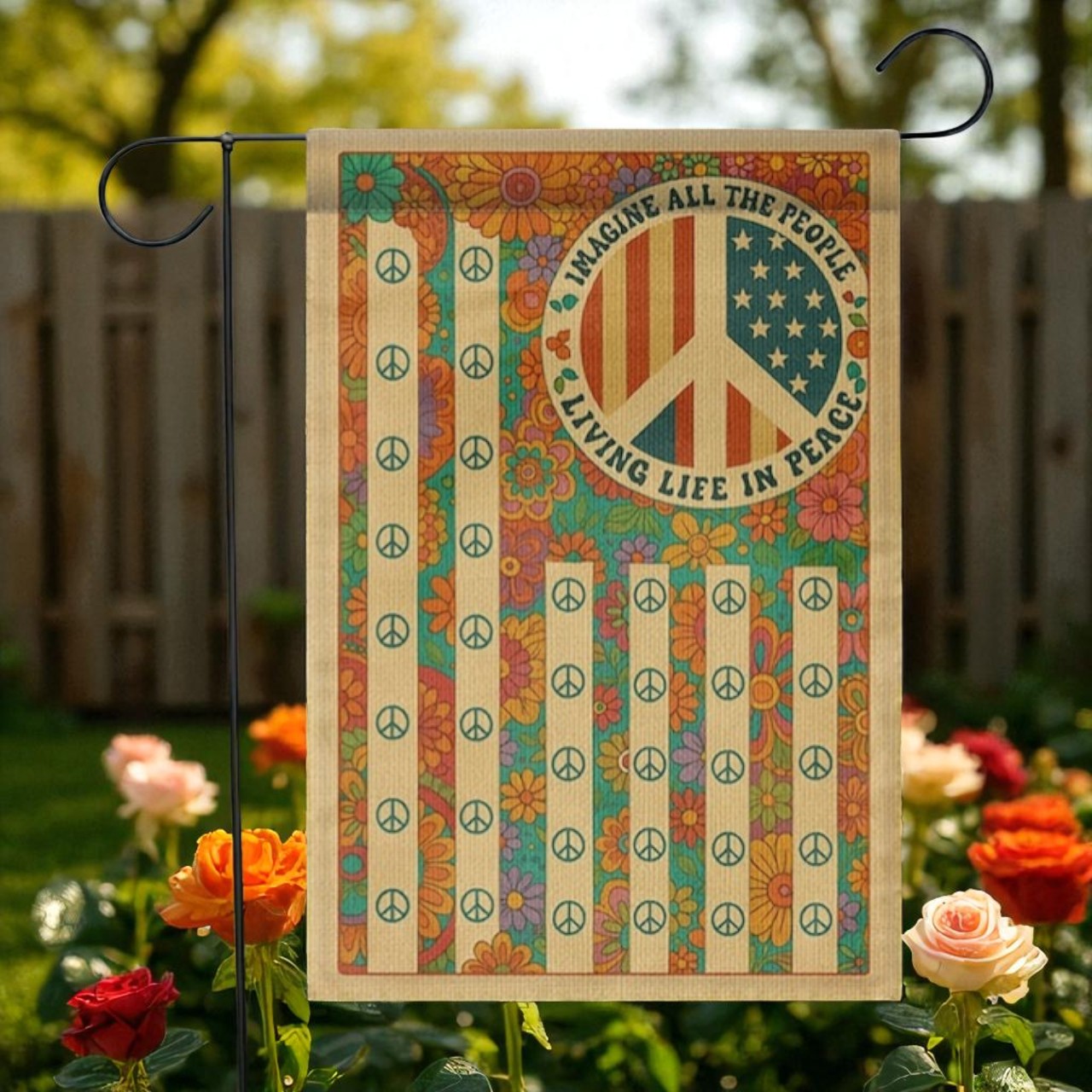 Hippie Garden Flag, Retro Peace Sign Yard Banner