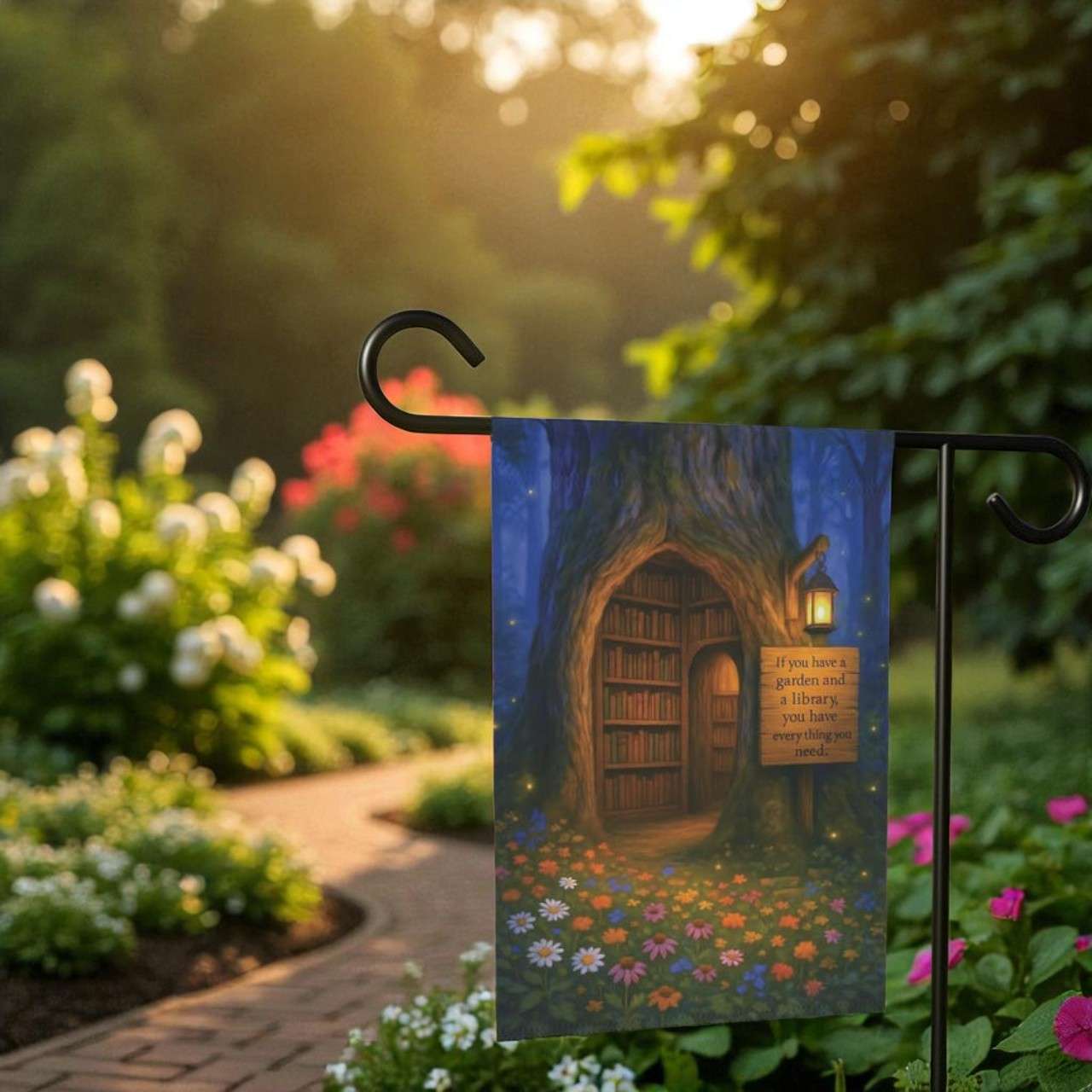 Garden Library Flag displayed on a wooden garden fence, blending cottagecore themes with subtle fairy light accents