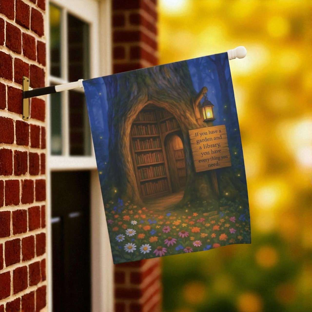 Garden Library Flag paired with outdoor fairy lights and vintage furniture creating an inviting cottagecore garden nook