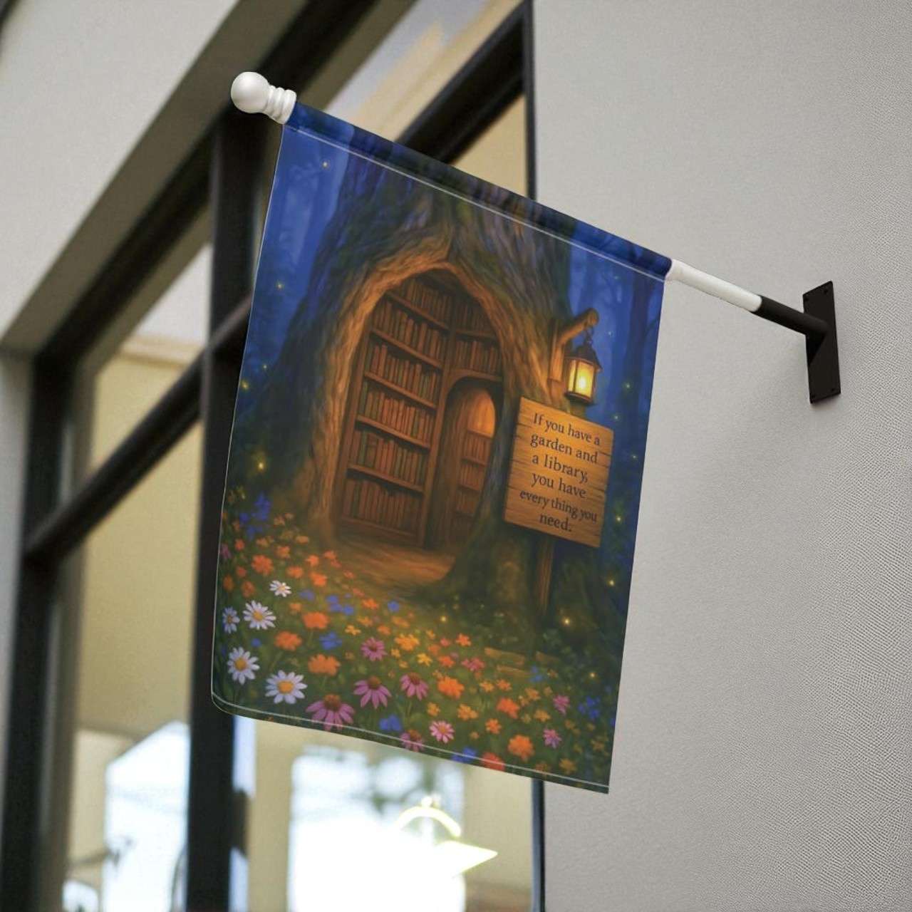 Garden Library Flag fluttering gently on a breezy day, illustrating ease of setup and suitability for various outdoor spaces