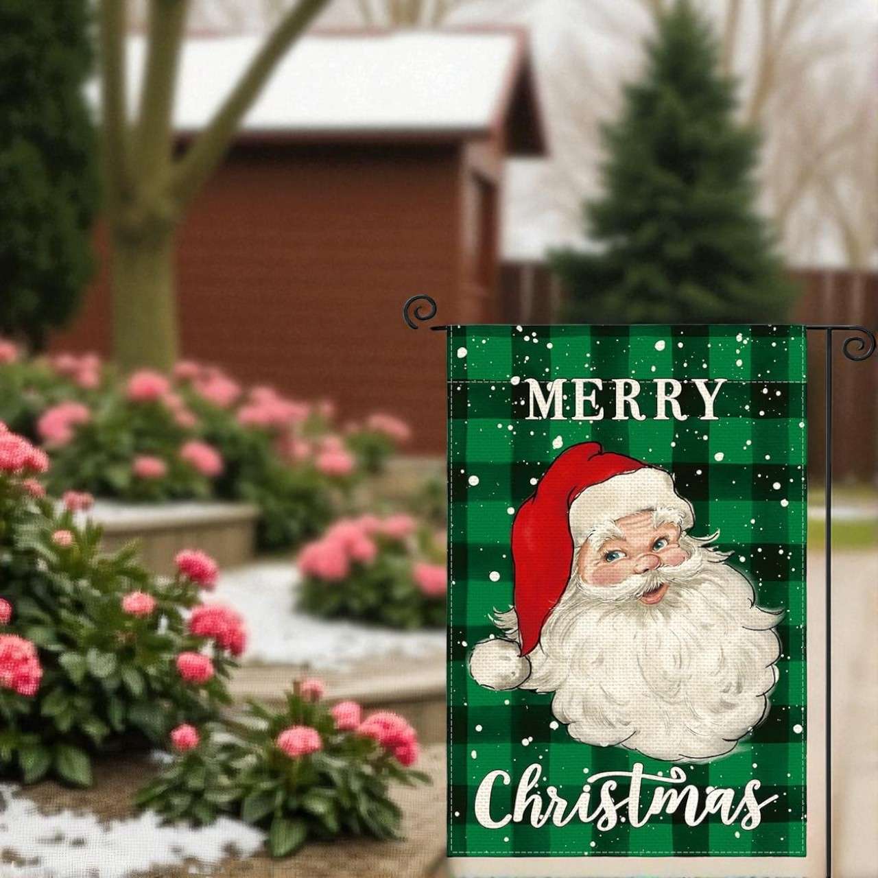 Green Buffalo Plaid Flag, Watercolor Winter Holiday Yard Decor
