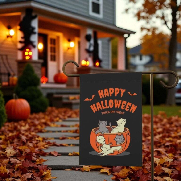 Halloween Garden Flag with Cute Cats and Spooky Bats Outdoor Decor