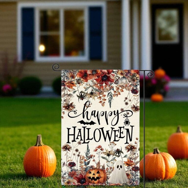 Halloween Garden Flag with Ghost and Jack-o'-Lantern Design