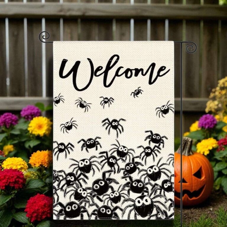 Celebrate Halloween with a spooky garden flag featuring ghosts, pumpkins, and bats. Durable double-sided burlap. Add to your outdoor décor now!