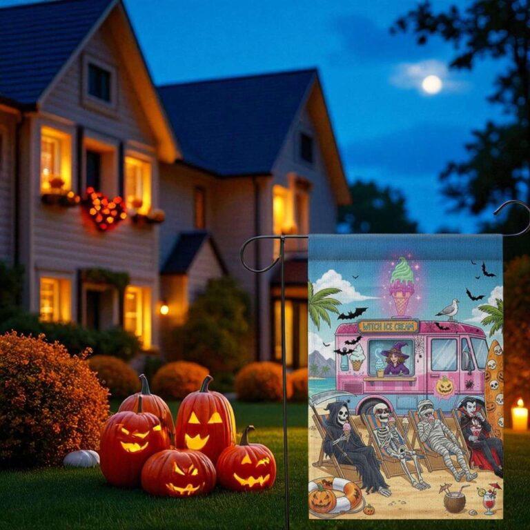 Halloween Ice Cream Truck Garden Flag Durable Outdoor Decor