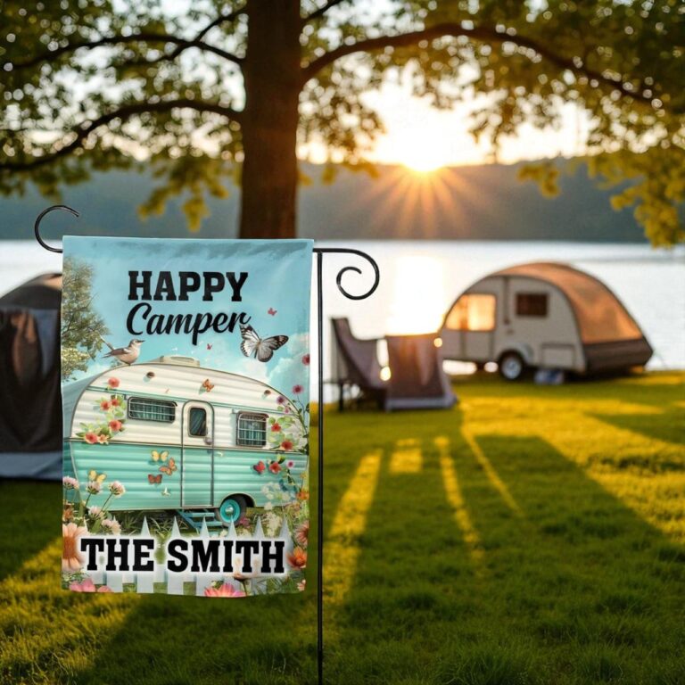 Happy Camper Garden Flag, Personalized Yard Decoration