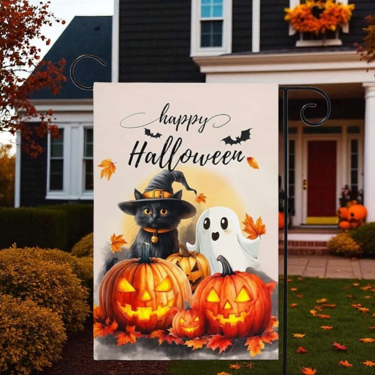 Happy Halloween Garden Flag, Ghost Pumpkin Cat Yard Decor