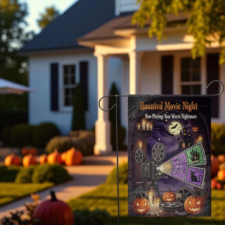 Haunted Movie Night Garden Flag | Spooky Halloween Outdoor Decor