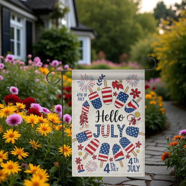 Hello July Garden Flag, Patriotic 4th of July Yard Decor