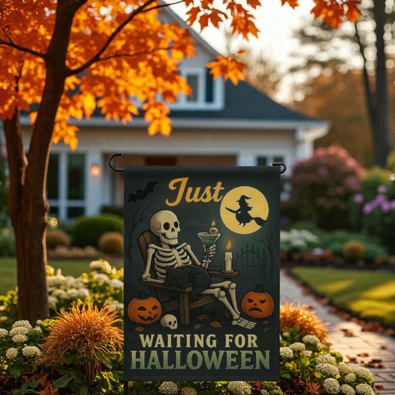 Just Waiting For Halloween Flag – Funny Skeleton Yard Decor