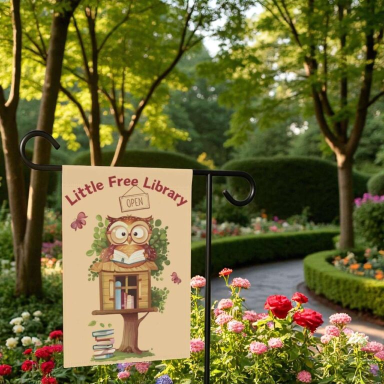 Little Free Library Flag with Wise Owl Garden Sign for Outdoors