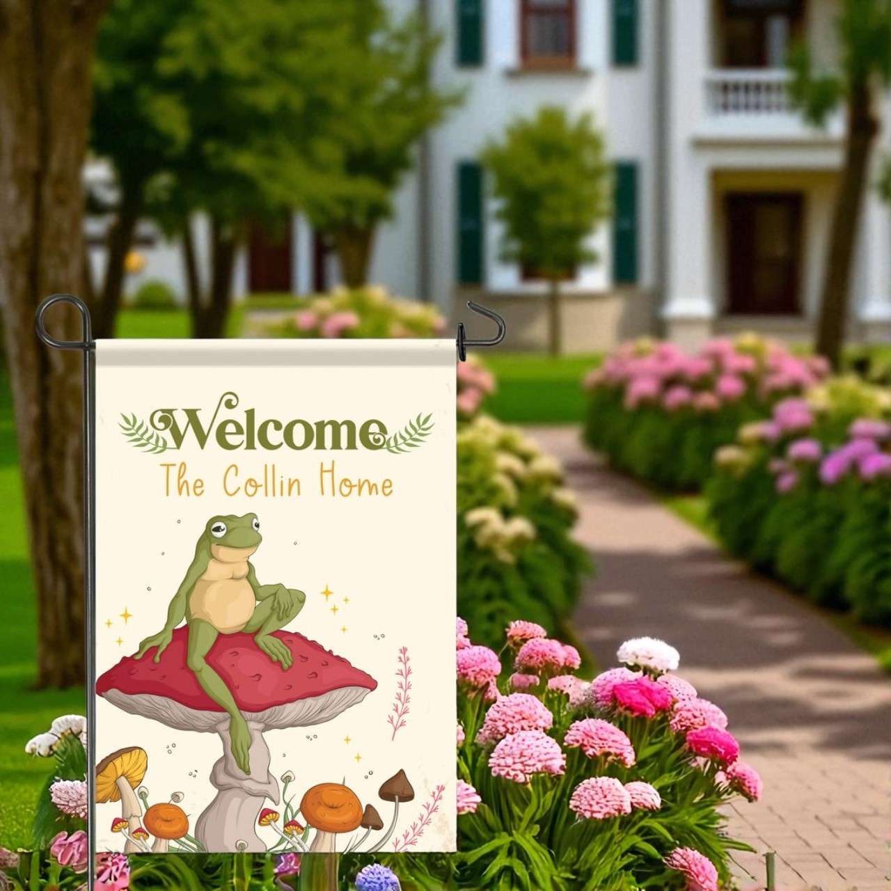 Mushroom Frog Welcome Flag, Personalized Spring Porch Decor