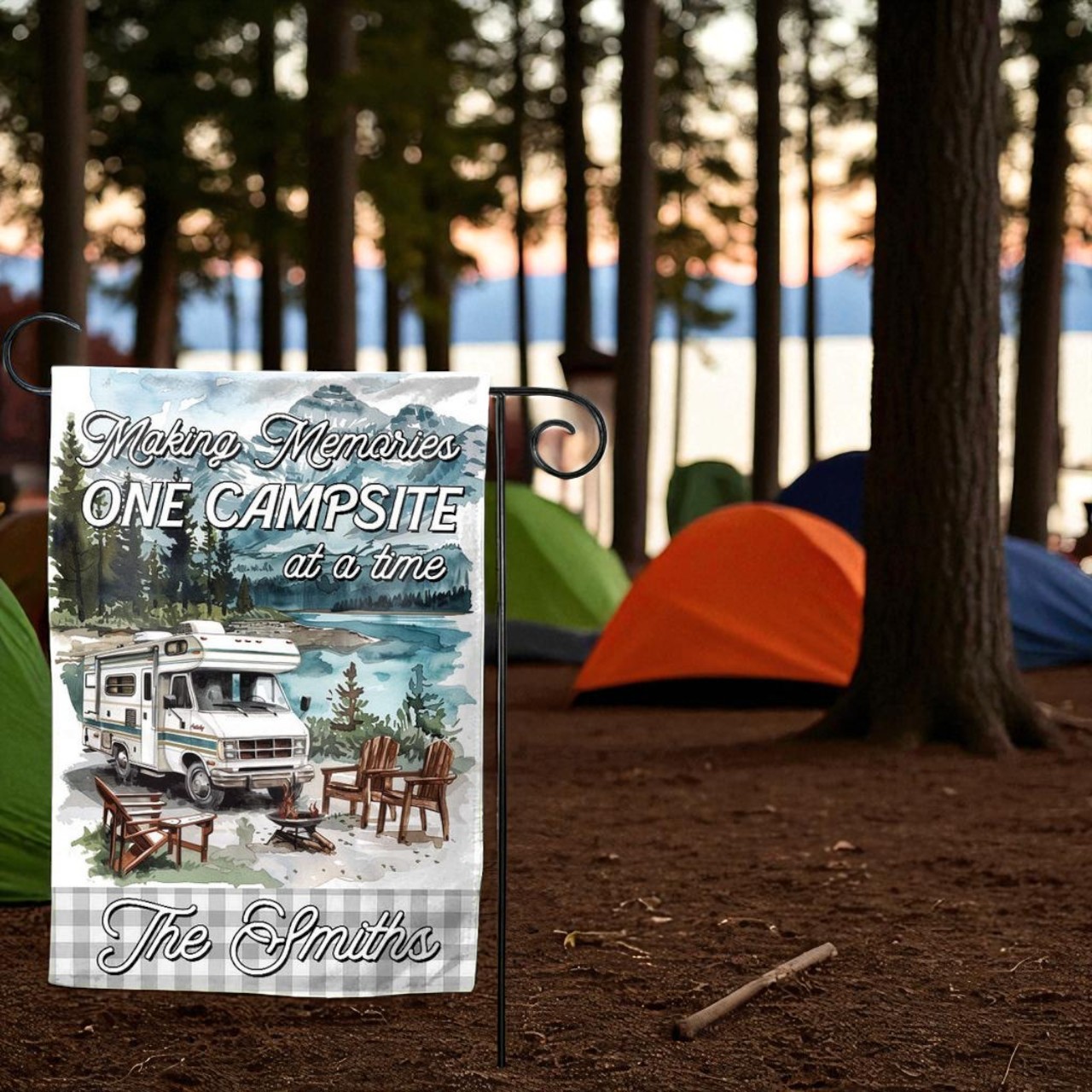 Close-up of the personalized design details on the Camping Flag, Custom Family Yard Flag showcasing vibrant colors and custom text options