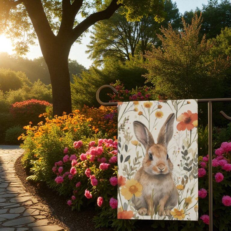 Spring Bunny Garden Flag, Watercolor Floral Yard Decor