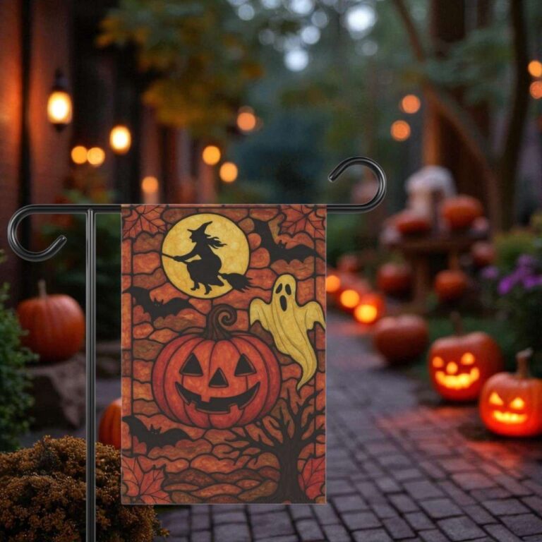 Stained Glass Pumpkin Flag for Fall Garden & Halloween Decor