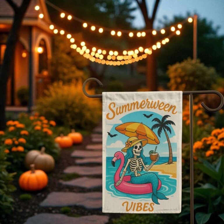 Summerween Mermaid Skeleton Flag - Spooky Beach Halloween Decor