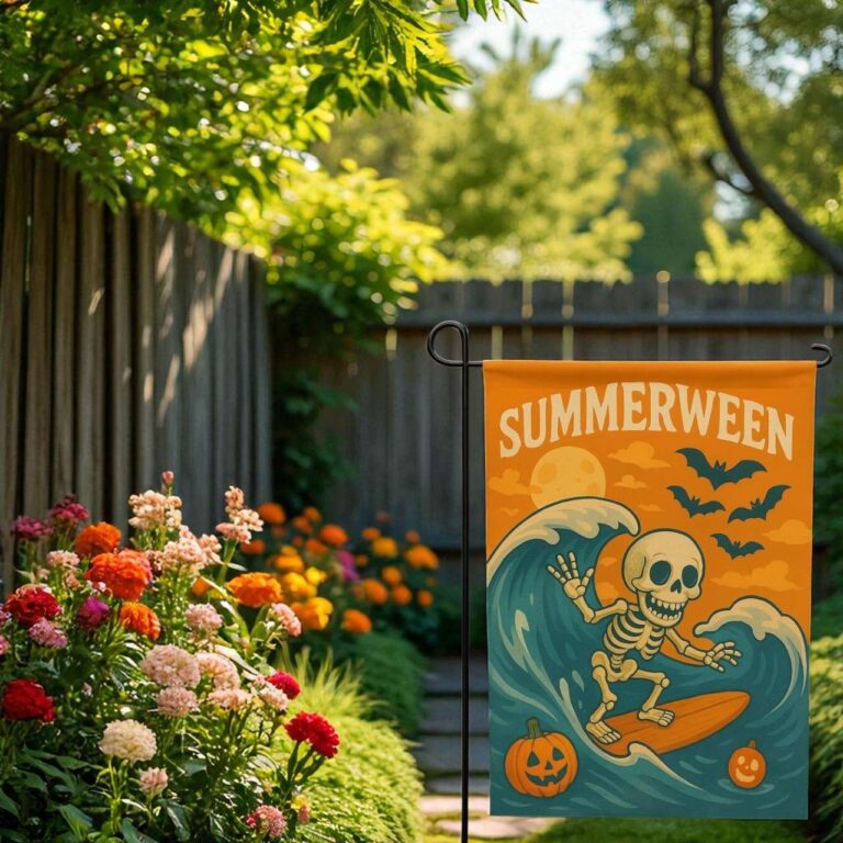 Summerween Skeleton Garden Flag Surfing Halloween Yard Banner