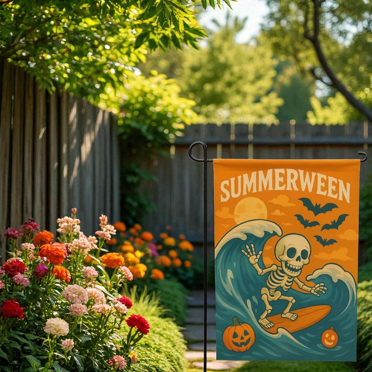 Summerween Skeleton Garden Flag, Surfing Halloween Yard Banner