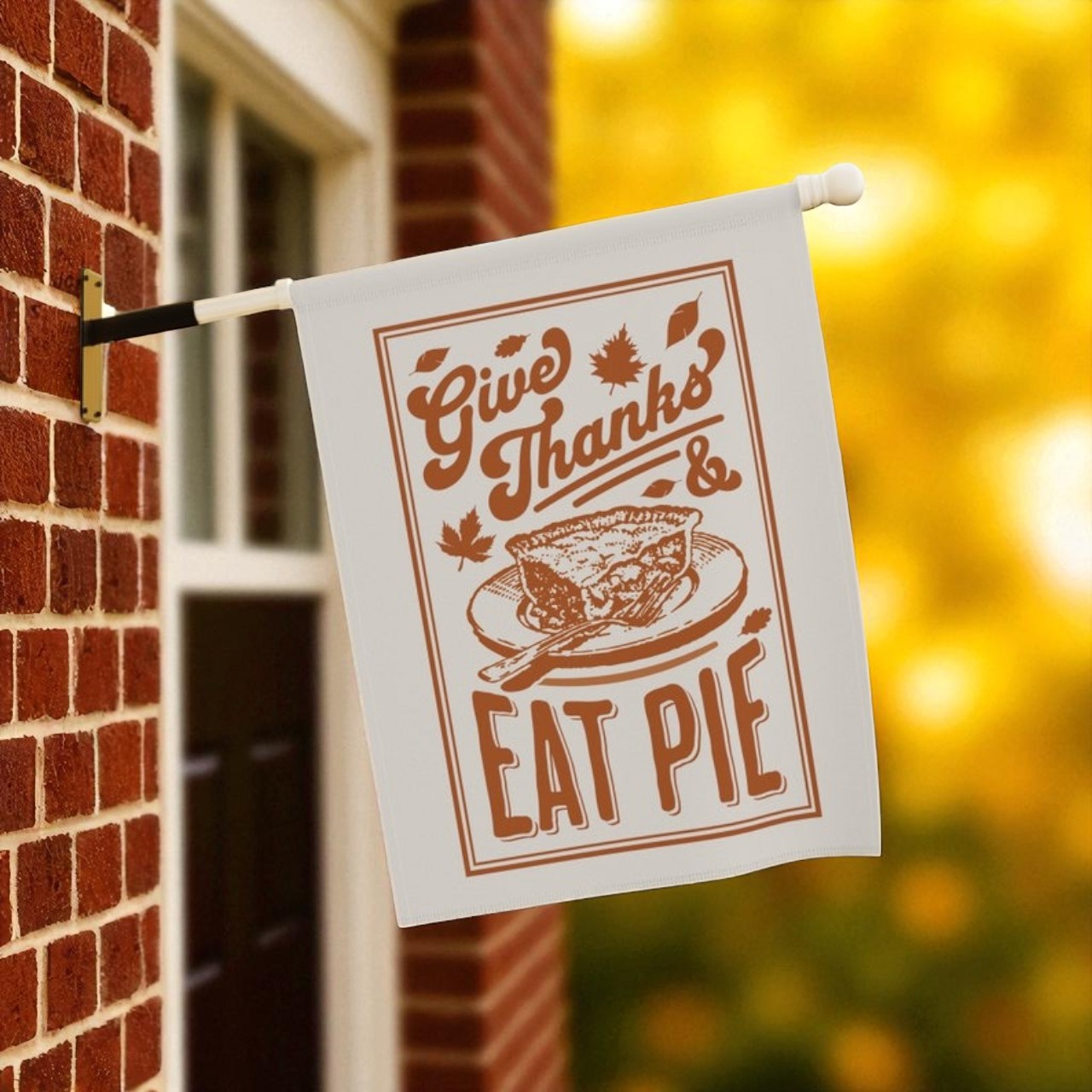 Close-up of the Thanksgiving Garden Flag, Autumn Home Banner design featuring colorful pumpkins, fall leaves, and festive typography