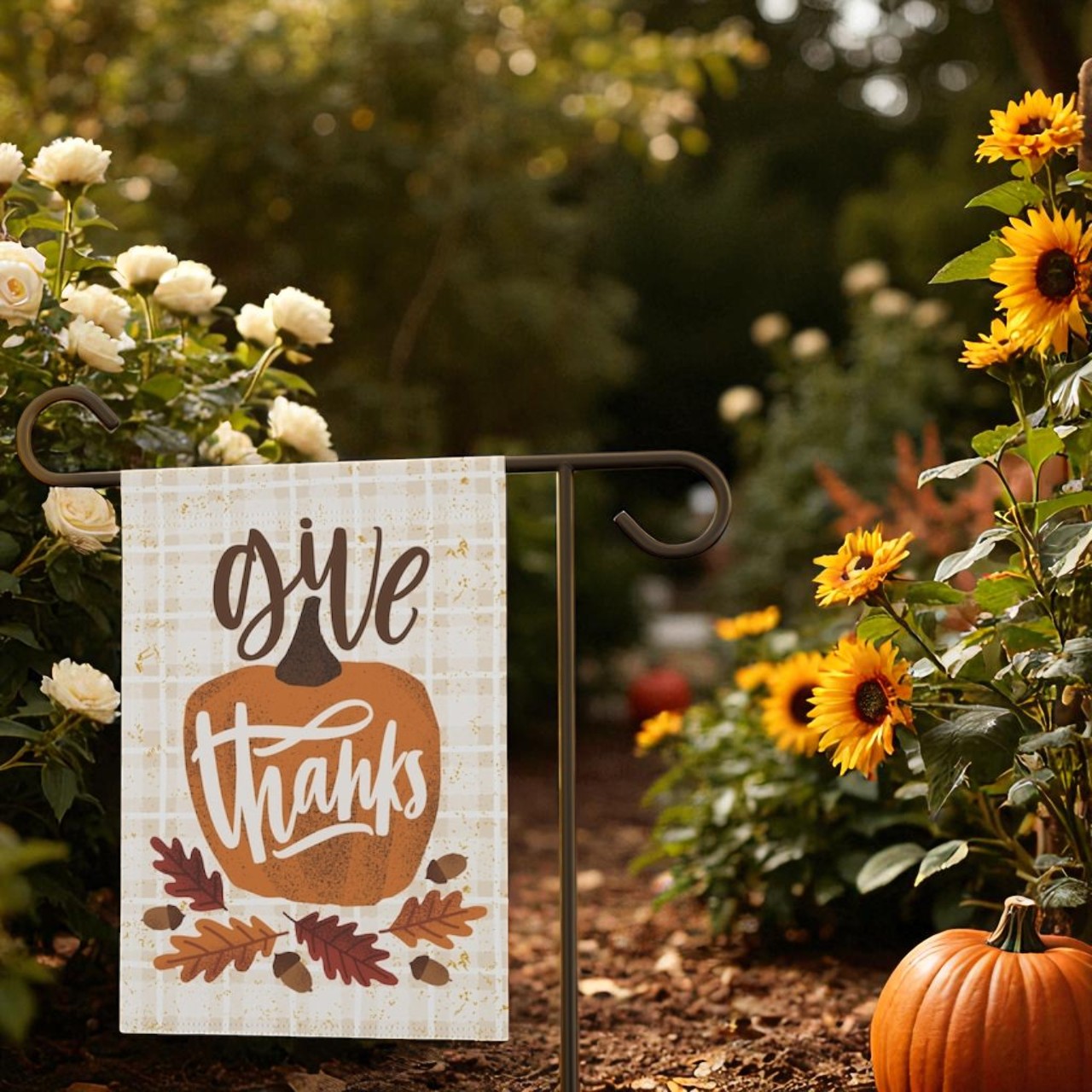 Thanksgiving Garden Flag, Autumn Home Banner displayed on a garden flagpole by a welcoming front porch during fall season