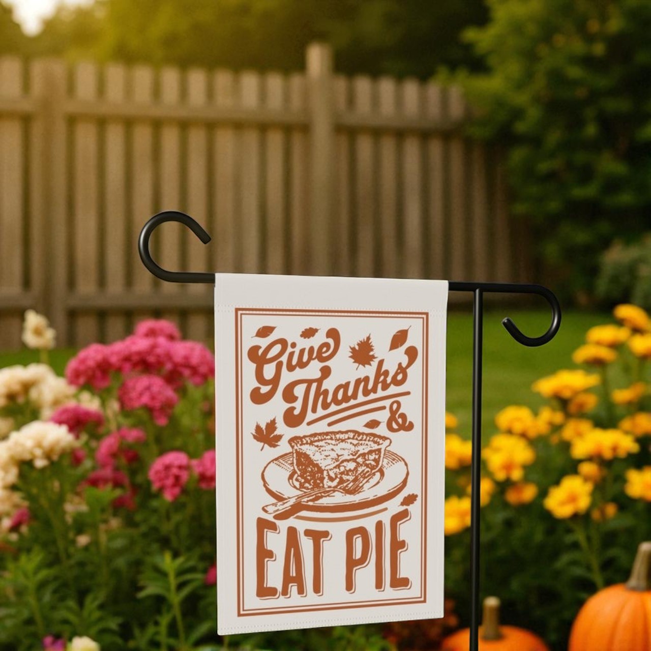 Close-up detail of fabric texture and vibrant print quality on the Thanksgiving Garden Flag, Autumn Home Banner emphasizing durability
