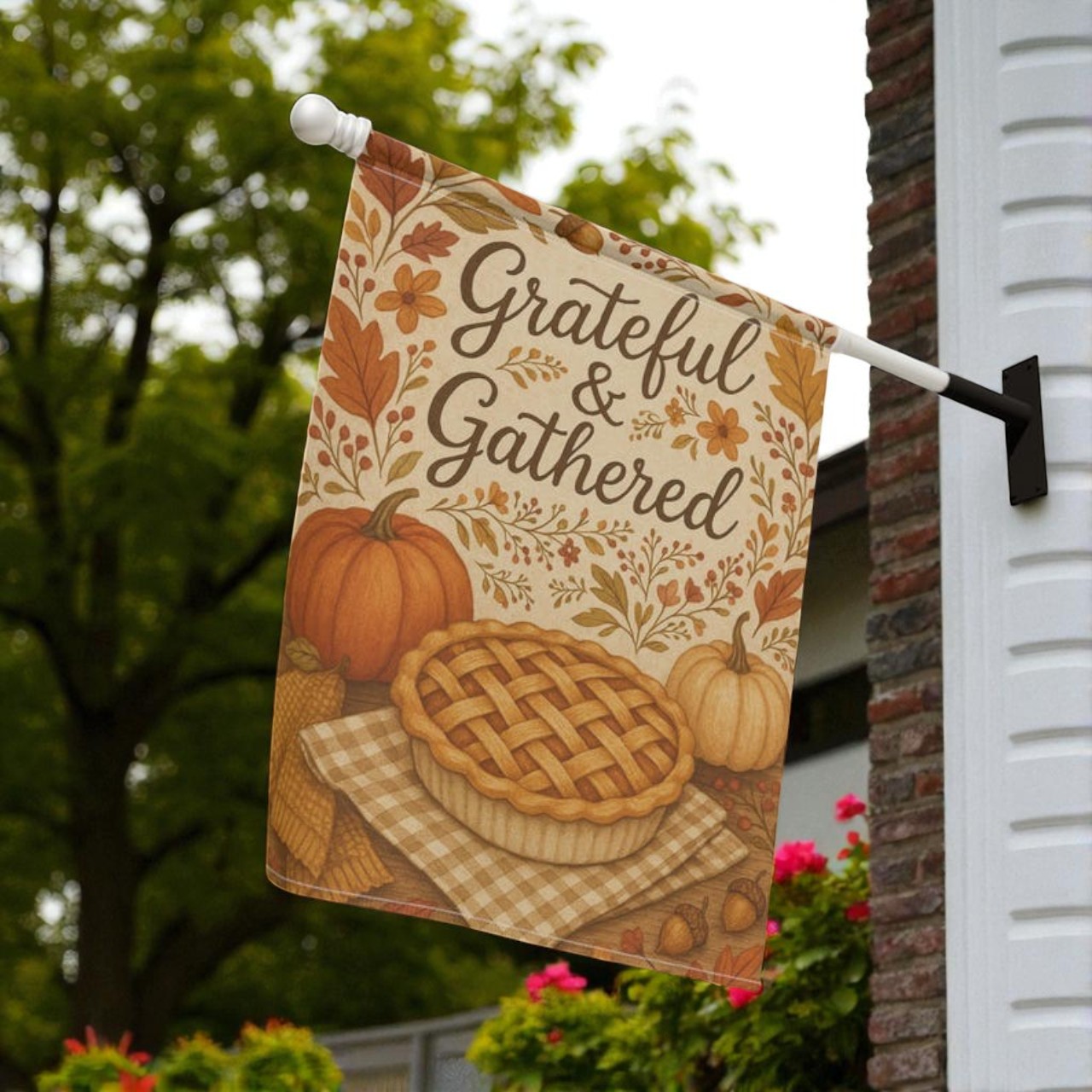 Close-up of Thanksgiving Garden Flag, Vintage Fall Porch Decor showing intricate pumpkin and leaf design in warm autumn colors