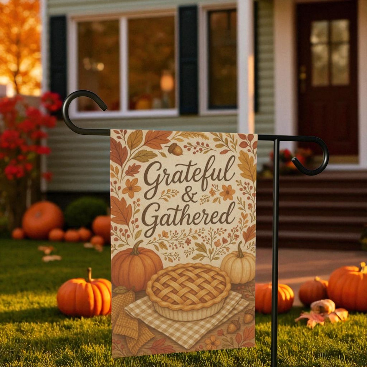Thanksgiving Garden Flag, Vintage Fall Porch Decor fluttering on a sturdy, weather-resistant garden flagpole during a breezy autumn day