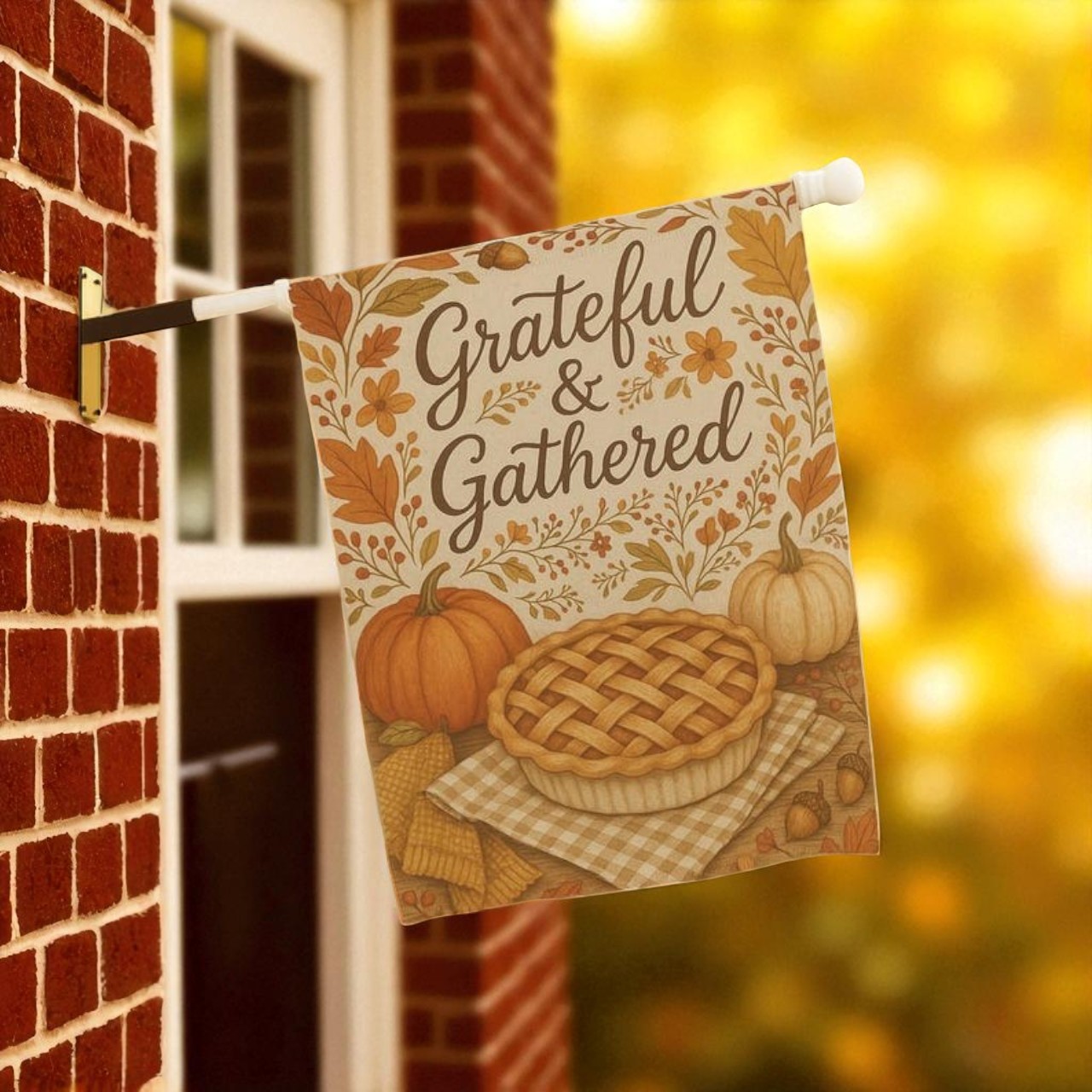 Thanksgiving Garden Flag, Vintage Fall Porch Decor displayed on a front porch with seasonal hay bales and autumn flowers, creating a warm entrance