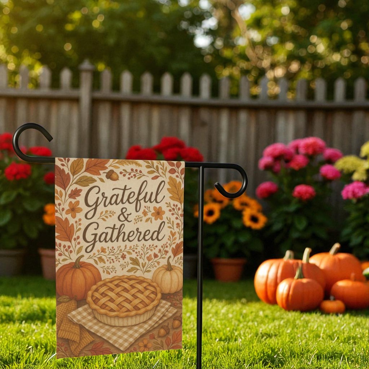Thanksgiving Garden Flag, Vintage Fall Porch Decor styled with seasonal pumpkins and leafy garlands on a rustic porch, highlighting cozy harvest charm