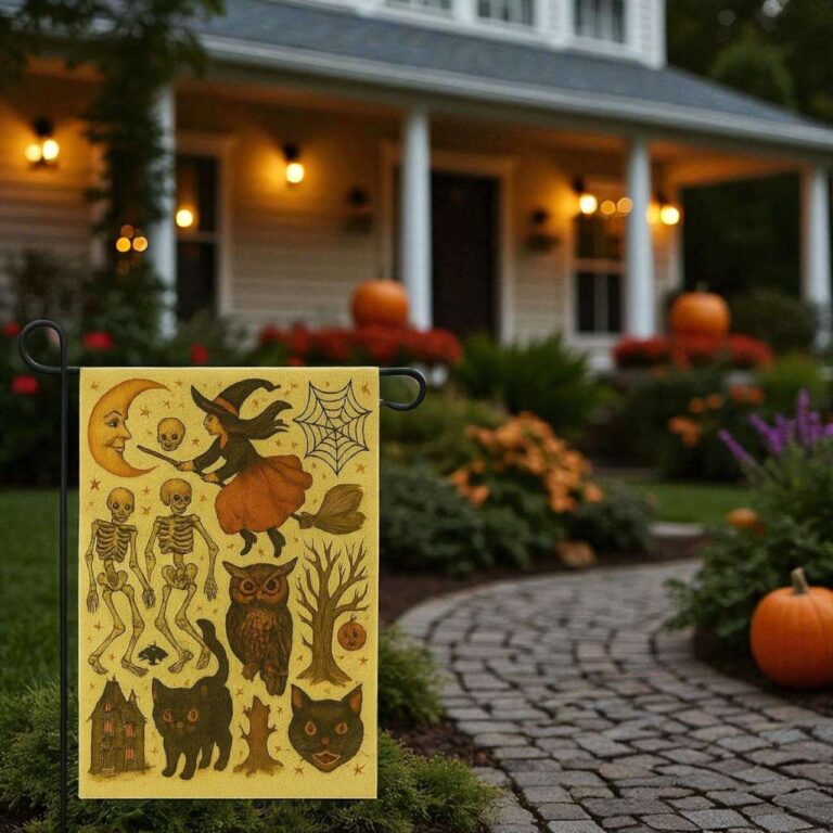 Vintage Halloween Garden Flag - Durable Witch & Skeleton Decor