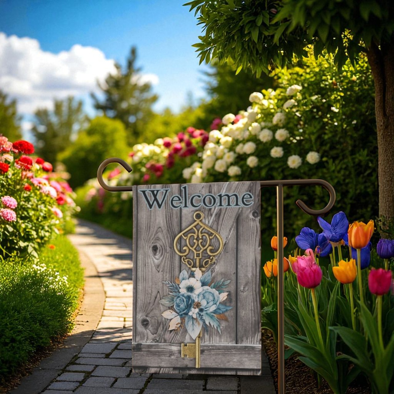 Close-up of the Welcome Garden Flag, Vintage Cottage Outdoor Decor highlighting the intricate floral design and vintage typography on weather-resistant fabric